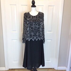 Vintage Marisol Beaded Black Overlay Popover Midi Dress Size 8